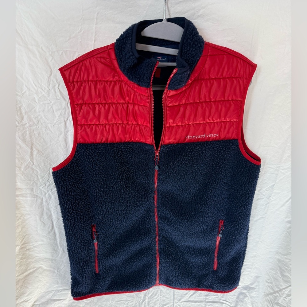 Vineyard Vines Sherpa Vest Red and Navy Blue Full Zip Mens Size Medium